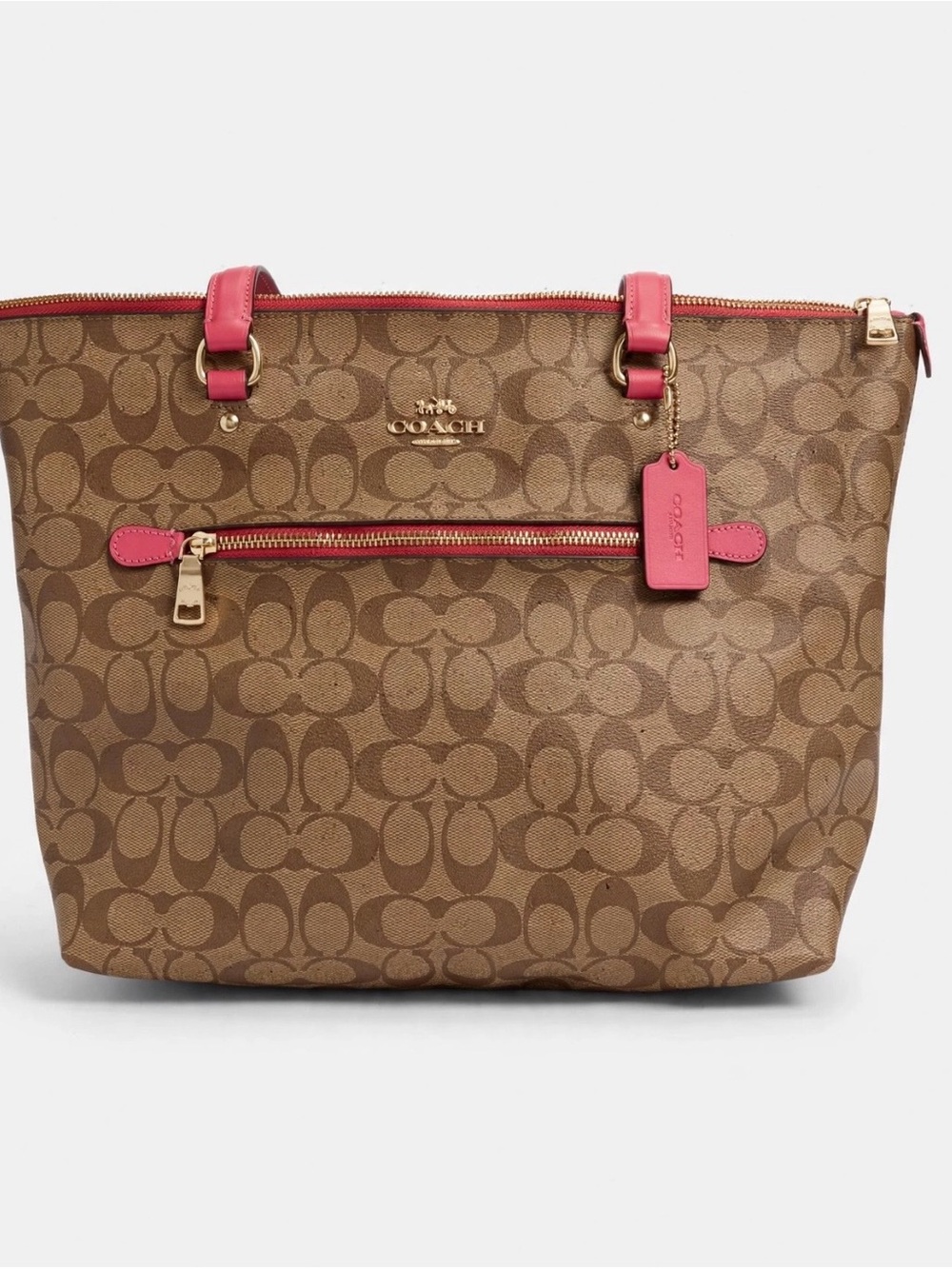 Coach Brown Monogram Tote with Pink Trim